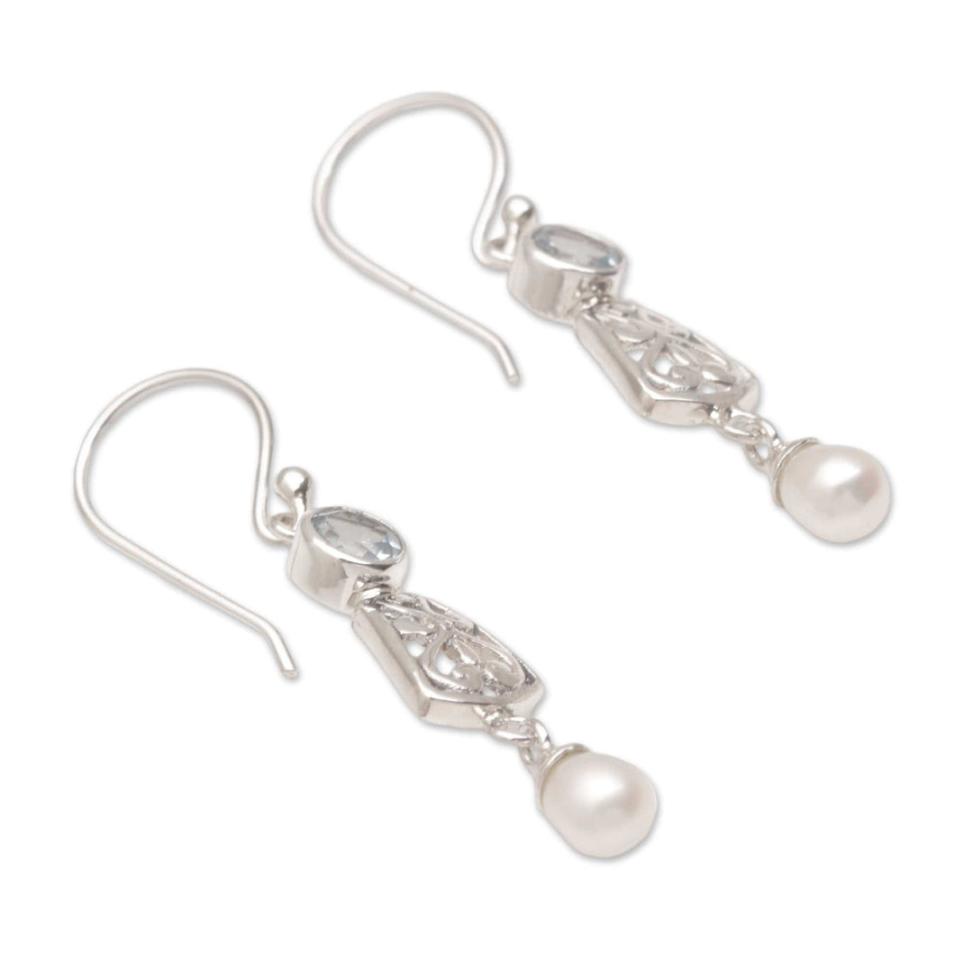 Hook Earrings with Blue Topaz and Cultured Pearl - Gracious Offering