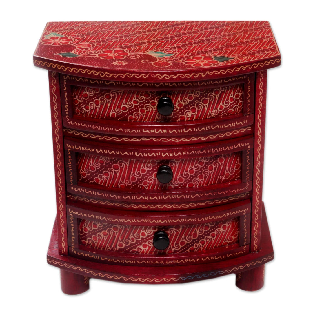 Red Parang Motif Wood Batik Jewelry Box - Scarlet Scrolls