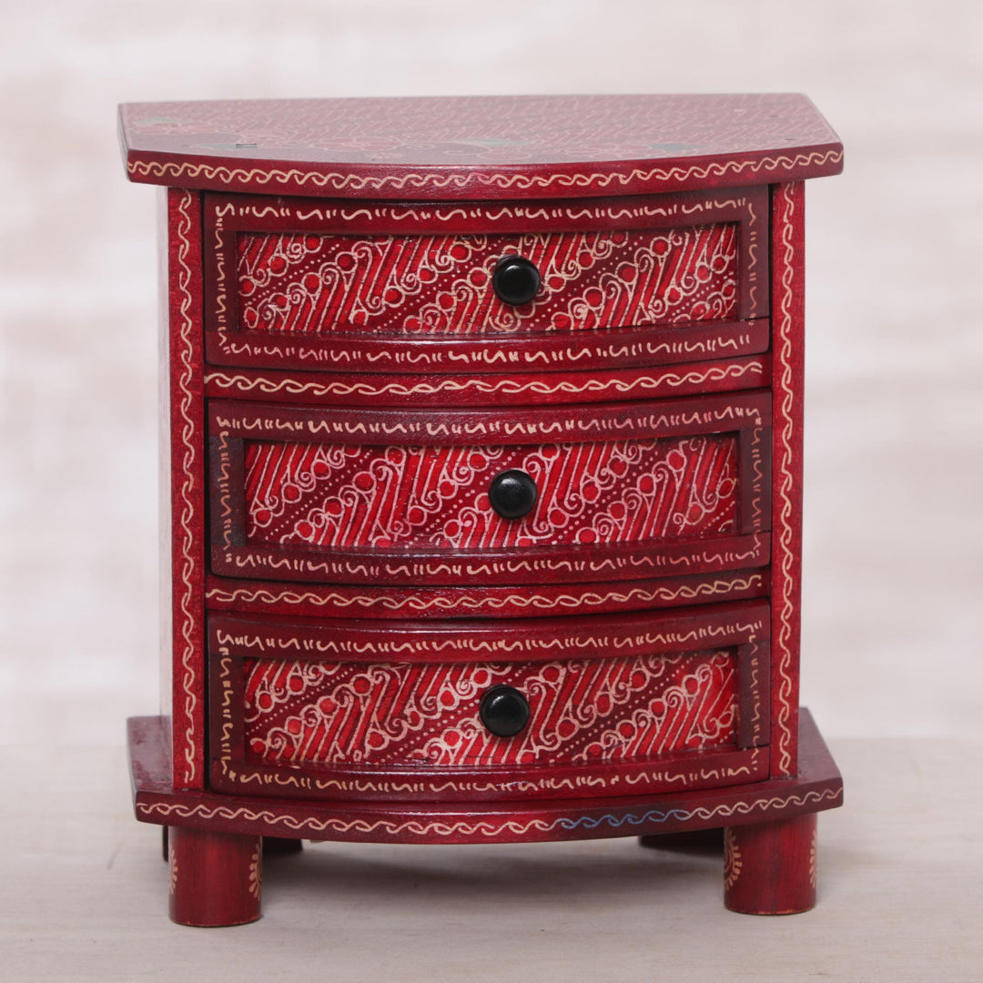Red Parang Motif Wood Batik Jewelry Box - Scarlet Scrolls