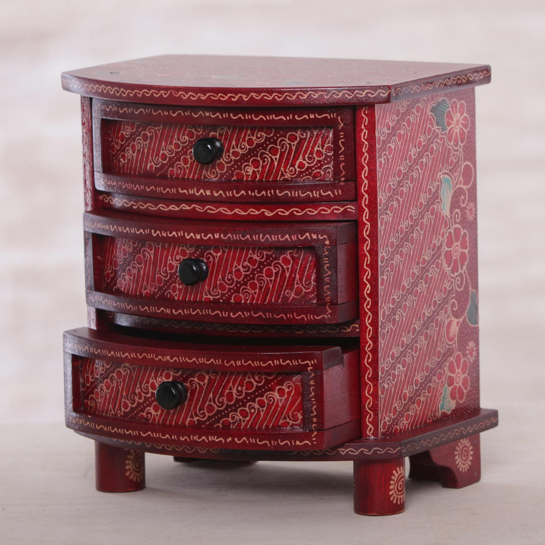 Red Parang Motif Wood Batik Jewelry Box - Scarlet Scrolls