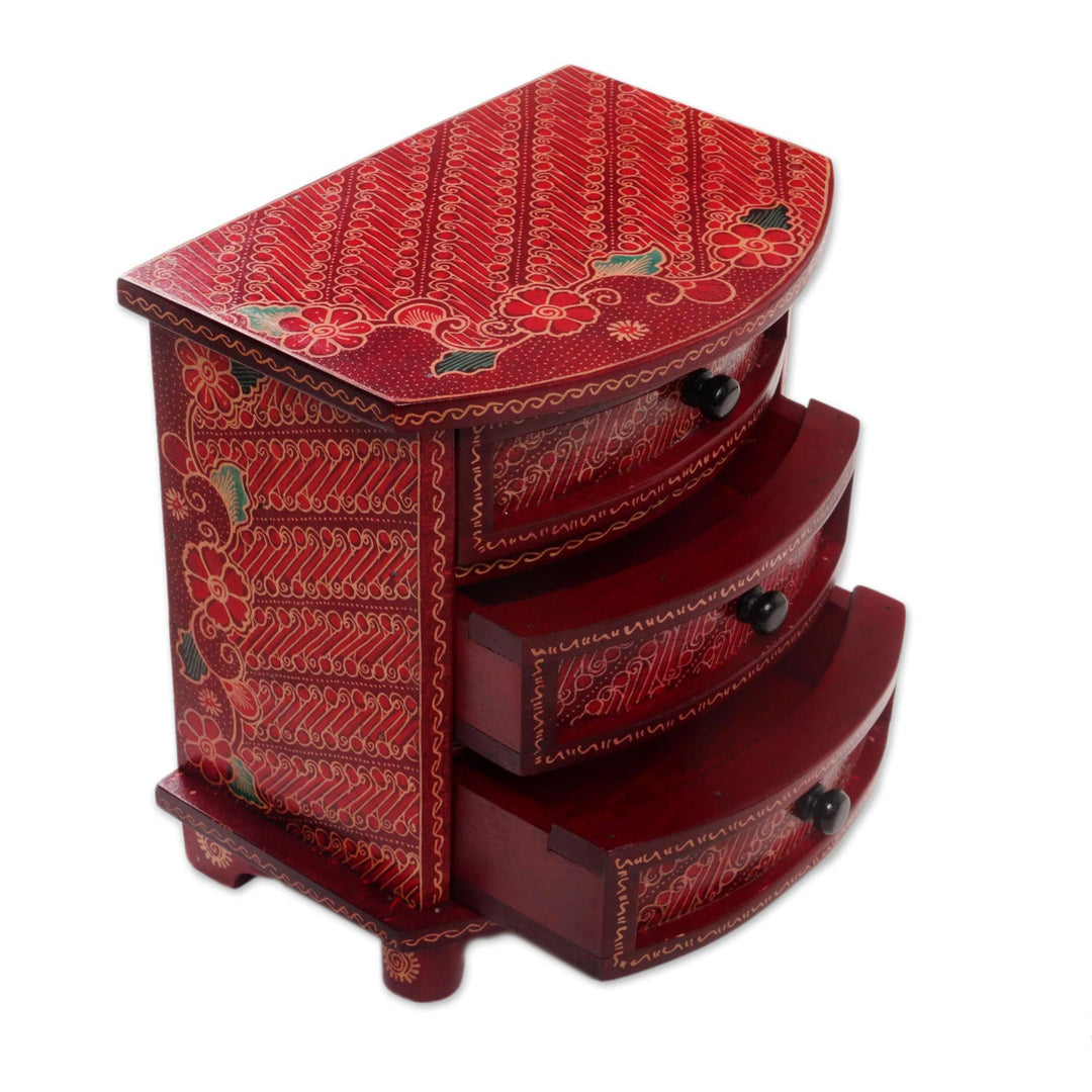 Red Parang Motif Wood Batik Jewelry Box - Scarlet Scrolls
