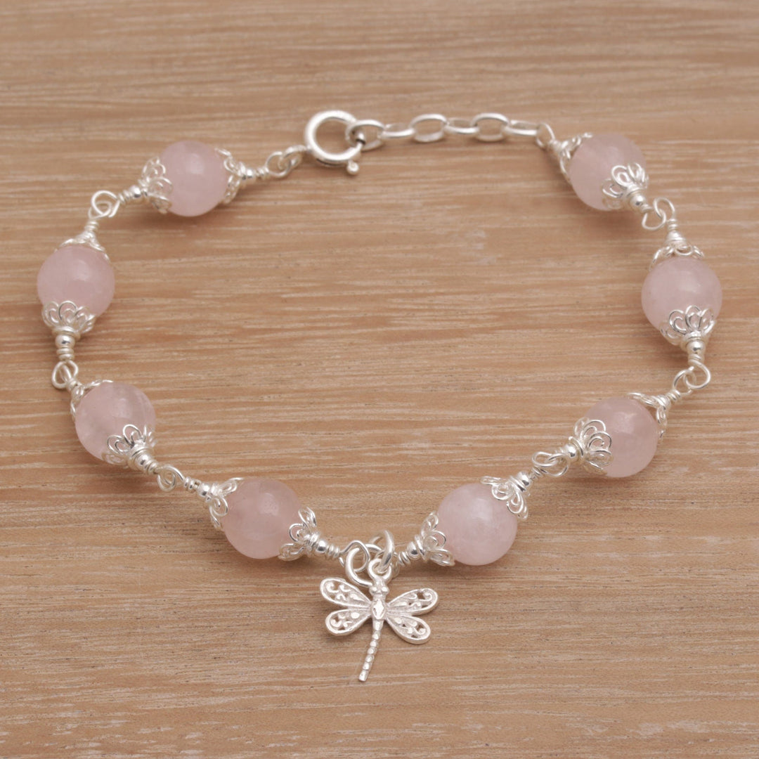 Rose Quartz Bead Charm Bracelet Sterling Silver Dragonfly - Moonlight Dragonfly in Rose