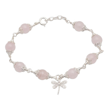 Rose Quartz Bead Charm Bracelet Sterling Silver Dragonfly - Moonlight Dragonfly in Rose