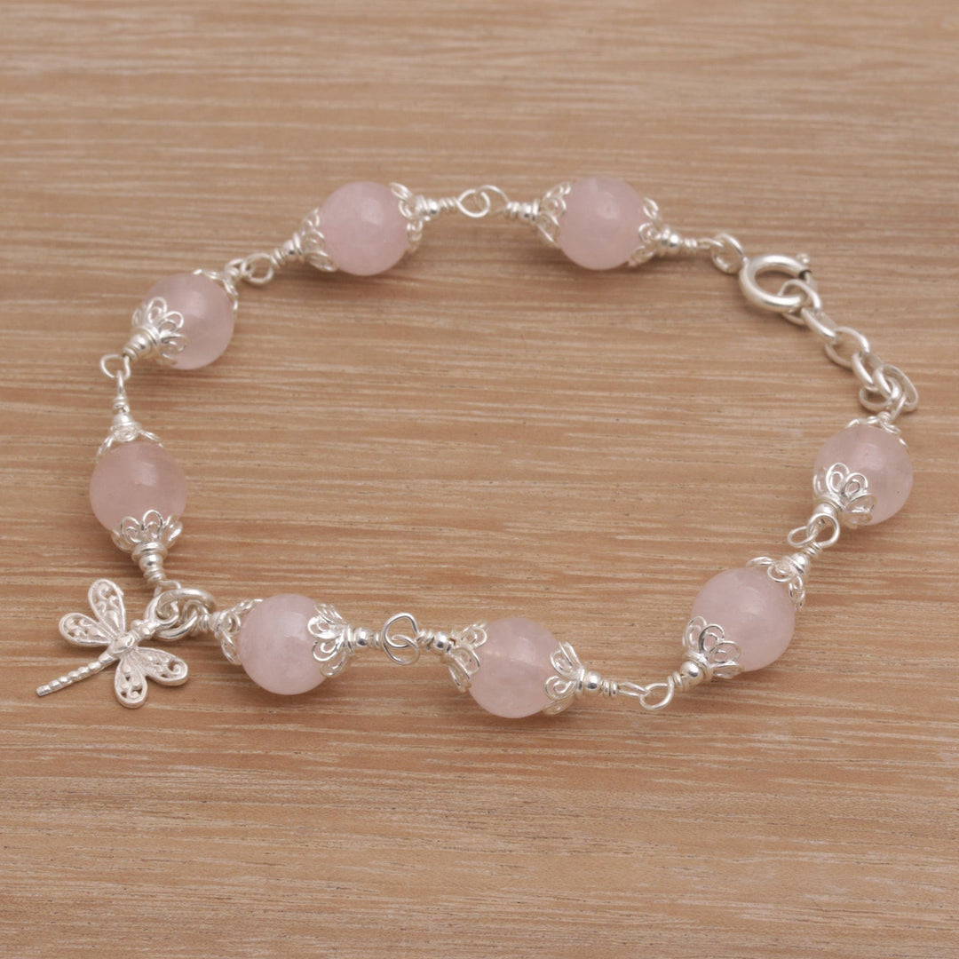 Rose Quartz Bead Charm Bracelet Sterling Silver Dragonfly - Moonlight Dragonfly in Rose