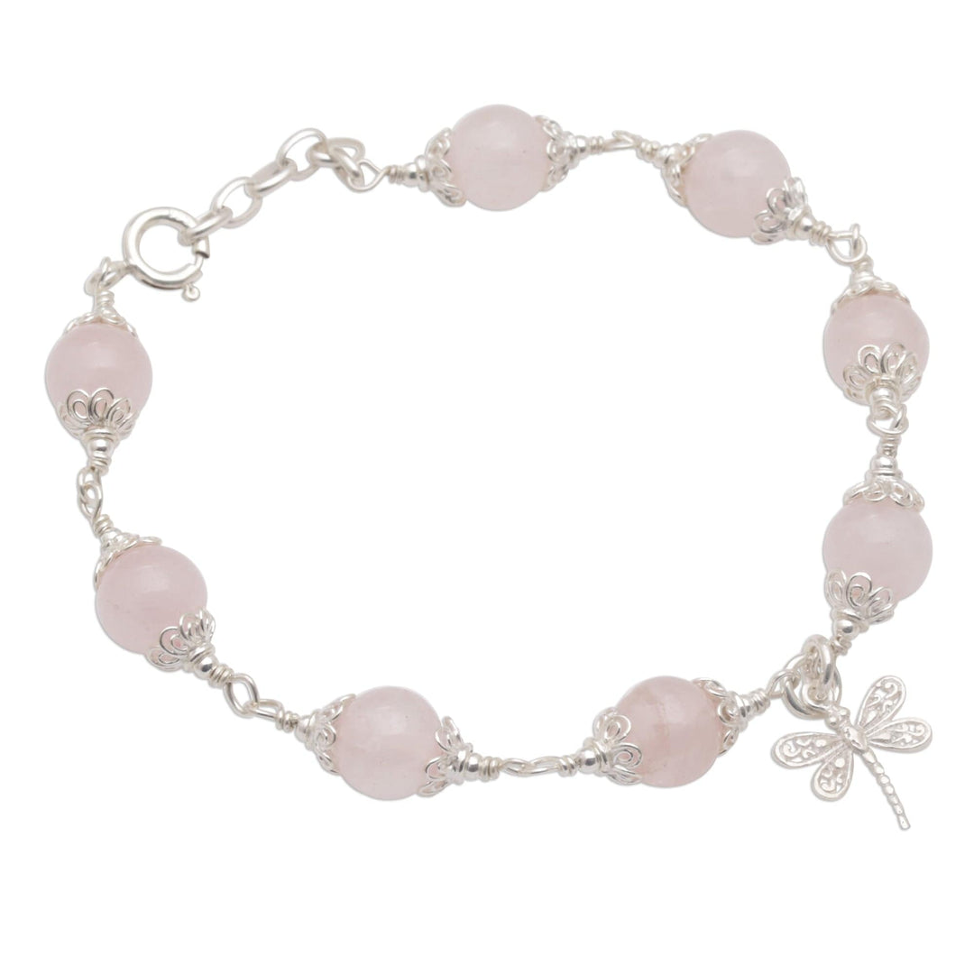 Rose Quartz Bead Charm Bracelet Sterling Silver Dragonfly - Moonlight Dragonfly in Rose
