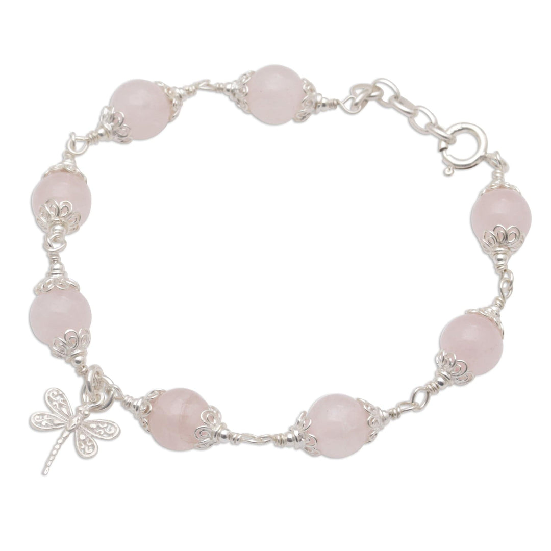 Rose Quartz Bead Charm Bracelet Sterling Silver Dragonfly - Moonlight Dragonfly in Rose