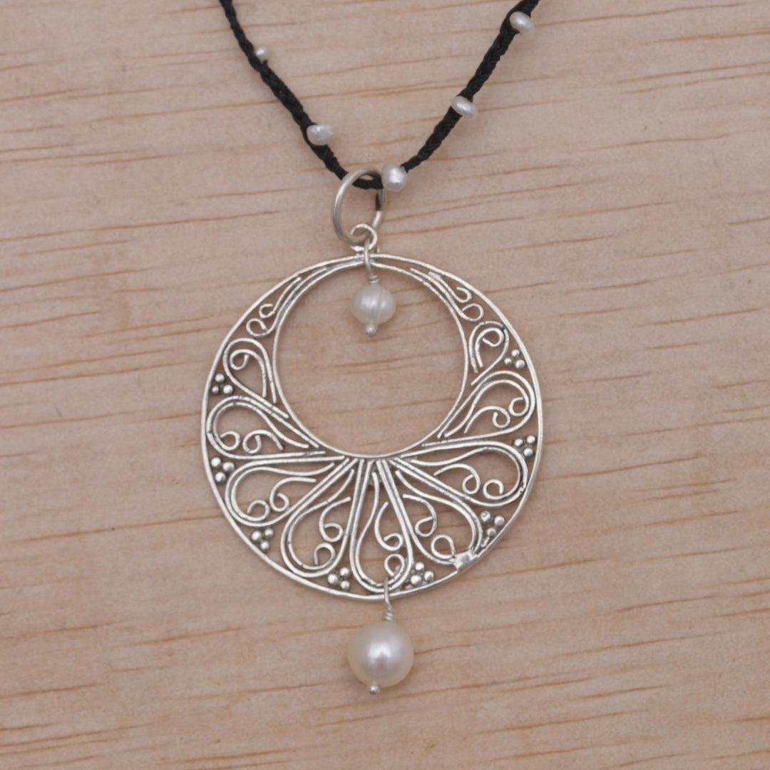 Cultured Freshwater Pearl and Black Cord Pendant Necklace - Moonlit Dance in Black