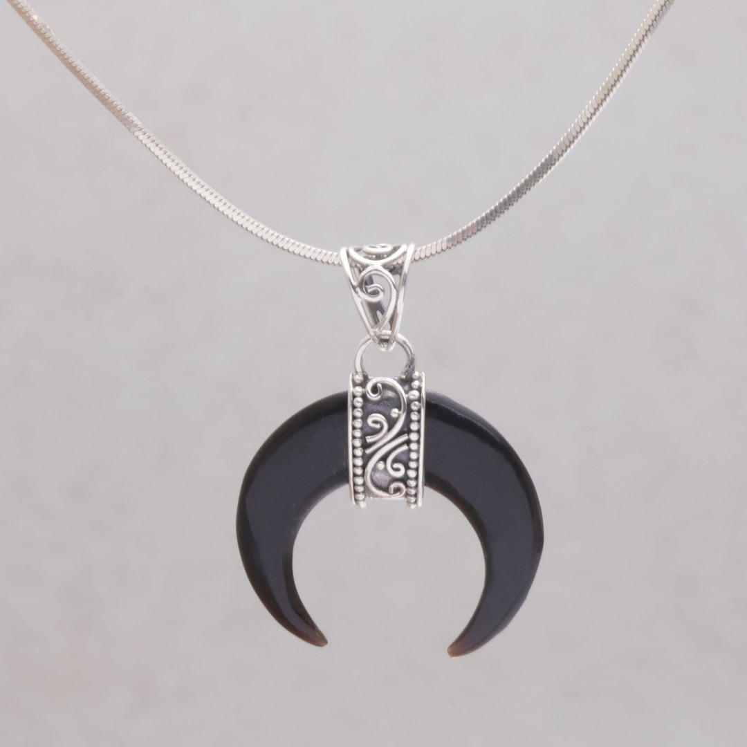 Black Buffalo Horn Pendant Necklace Eclipse Crescent Shape - Black Crescent