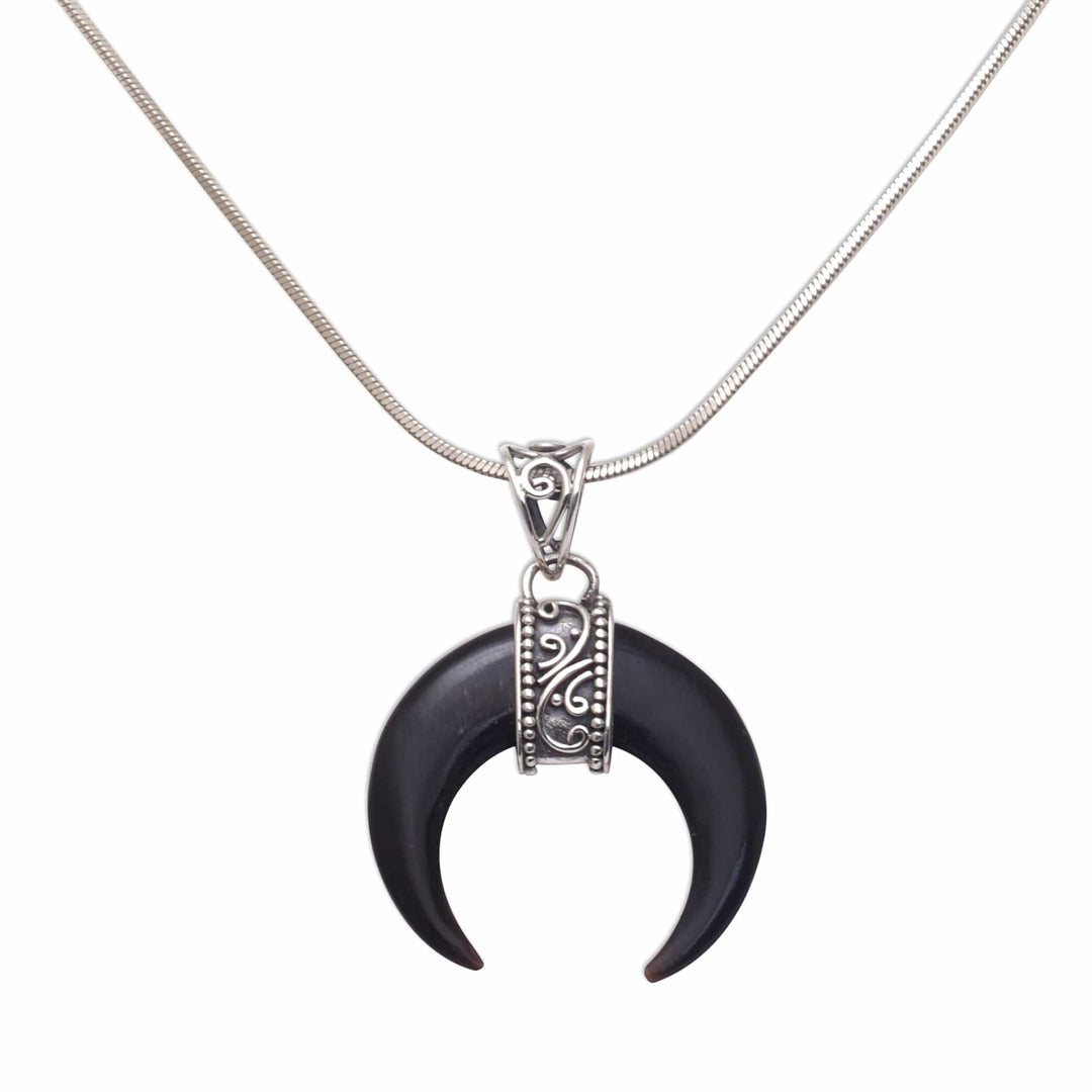 Black Buffalo Horn Pendant Necklace Eclipse Crescent Shape - Black Crescent