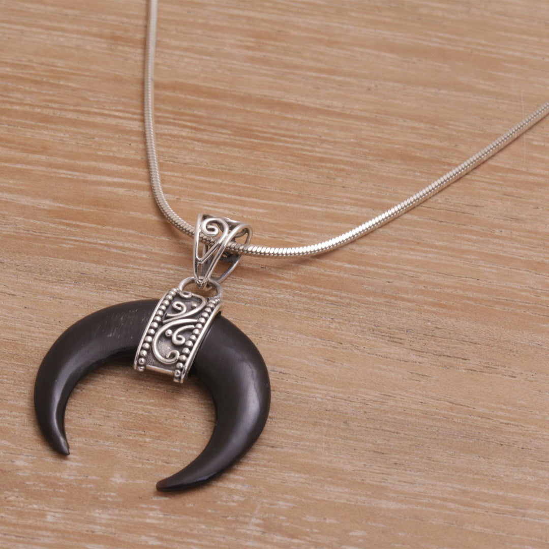 Black Buffalo Horn Pendant Necklace Eclipse Crescent Shape - Black Crescent