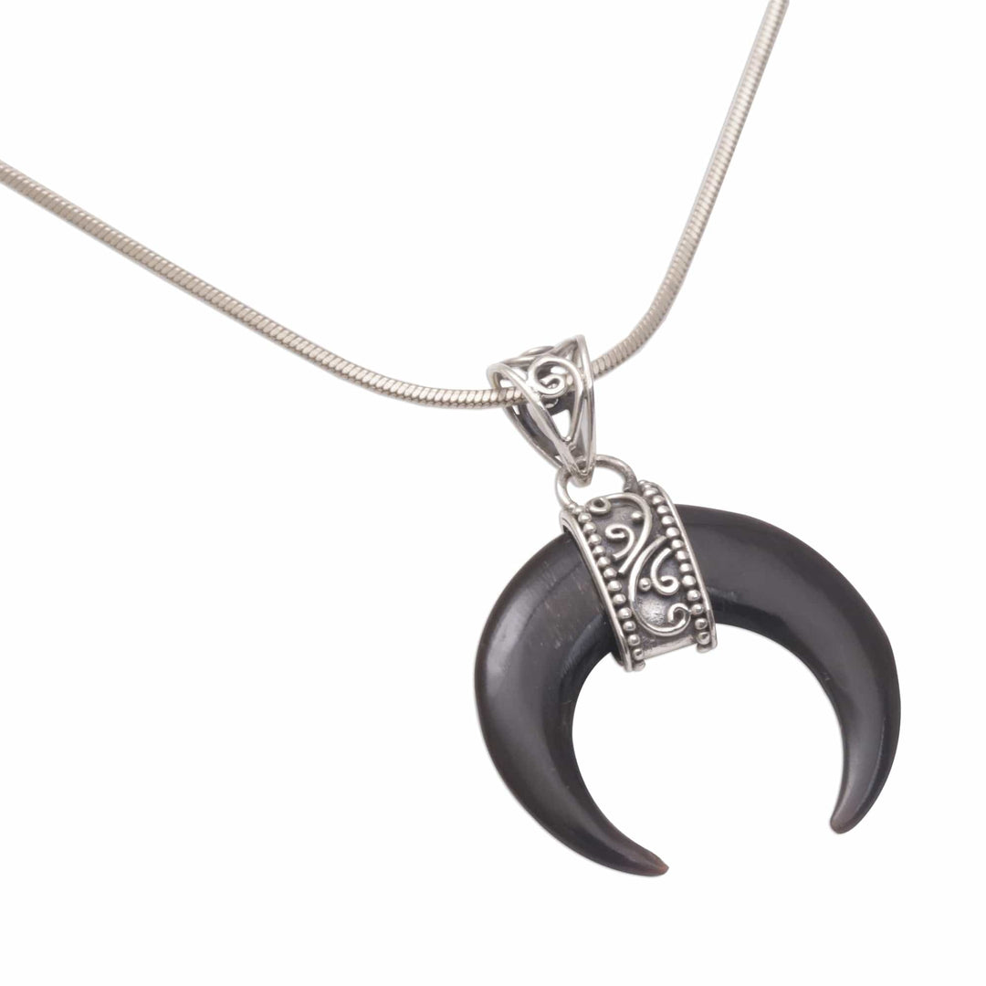 Black Buffalo Horn Pendant Necklace Eclipse Crescent Shape - Black Crescent