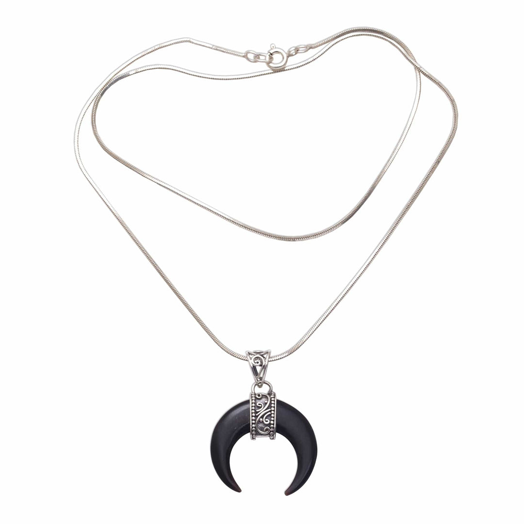 Black Buffalo Horn Pendant Necklace Eclipse Crescent Shape - Black Crescent