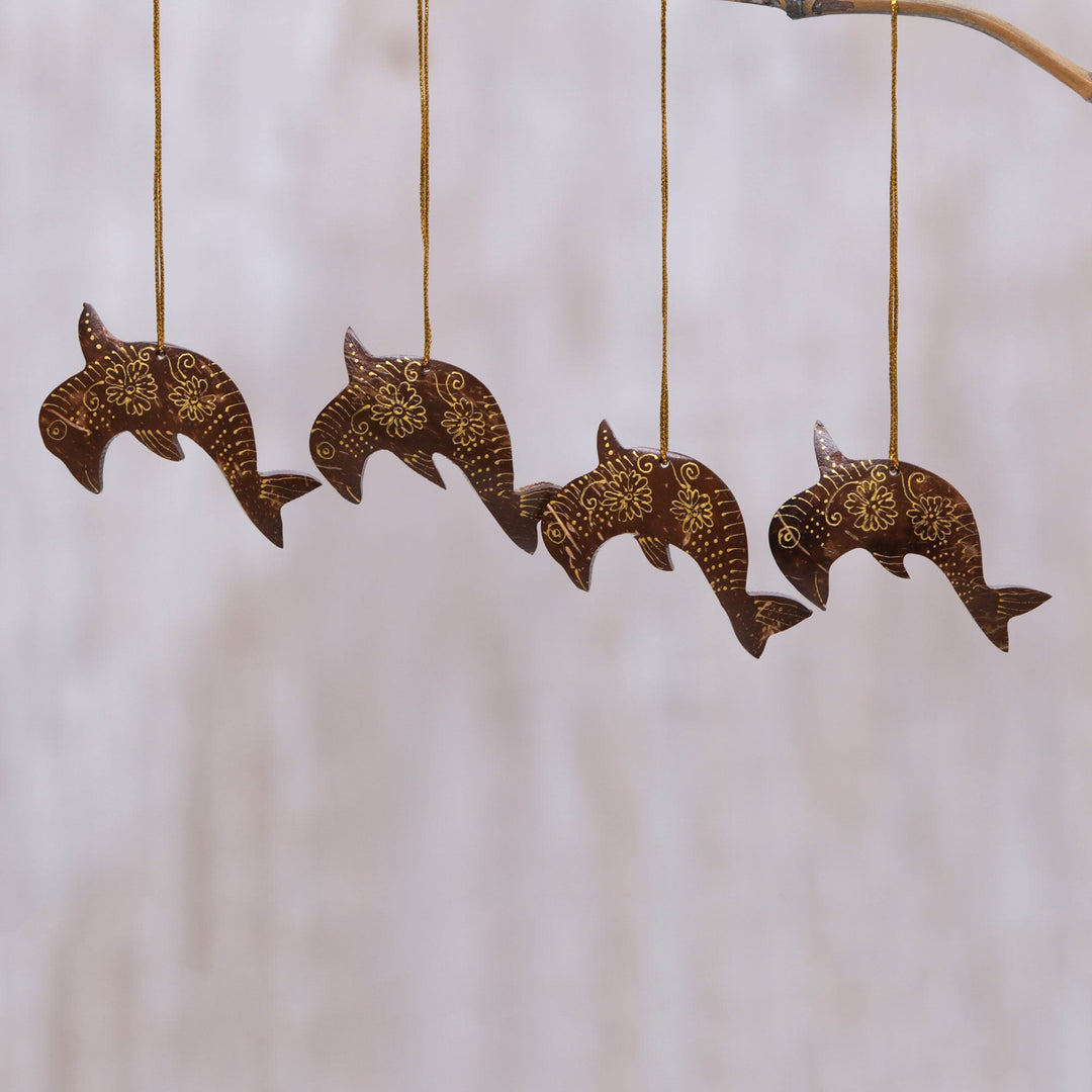 Brown Coconut Shell Dolphin Ornaments - Set of 4 - Dolphin Echo