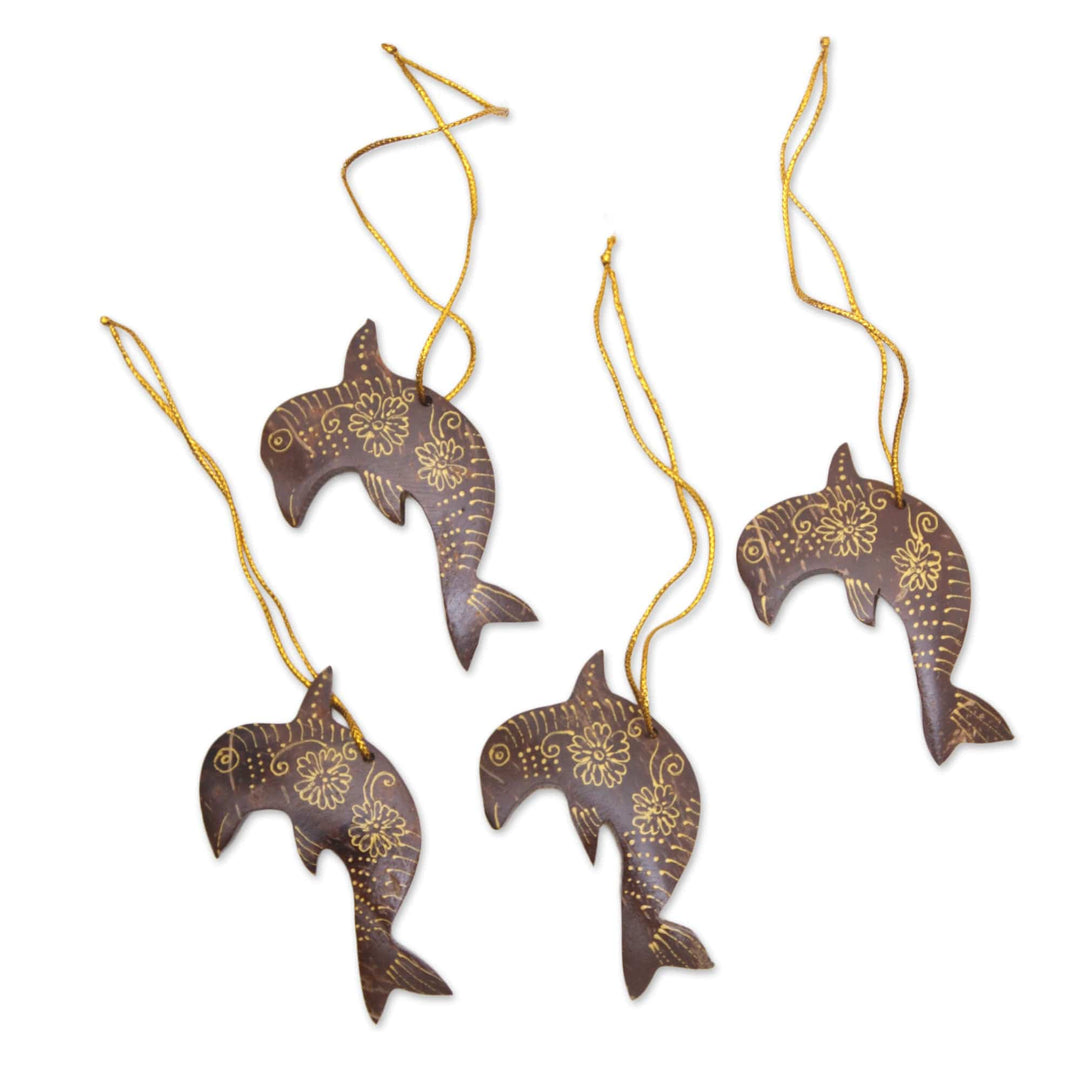 Brown Coconut Shell Dolphin Ornaments - Set of 4 - Dolphin Echo