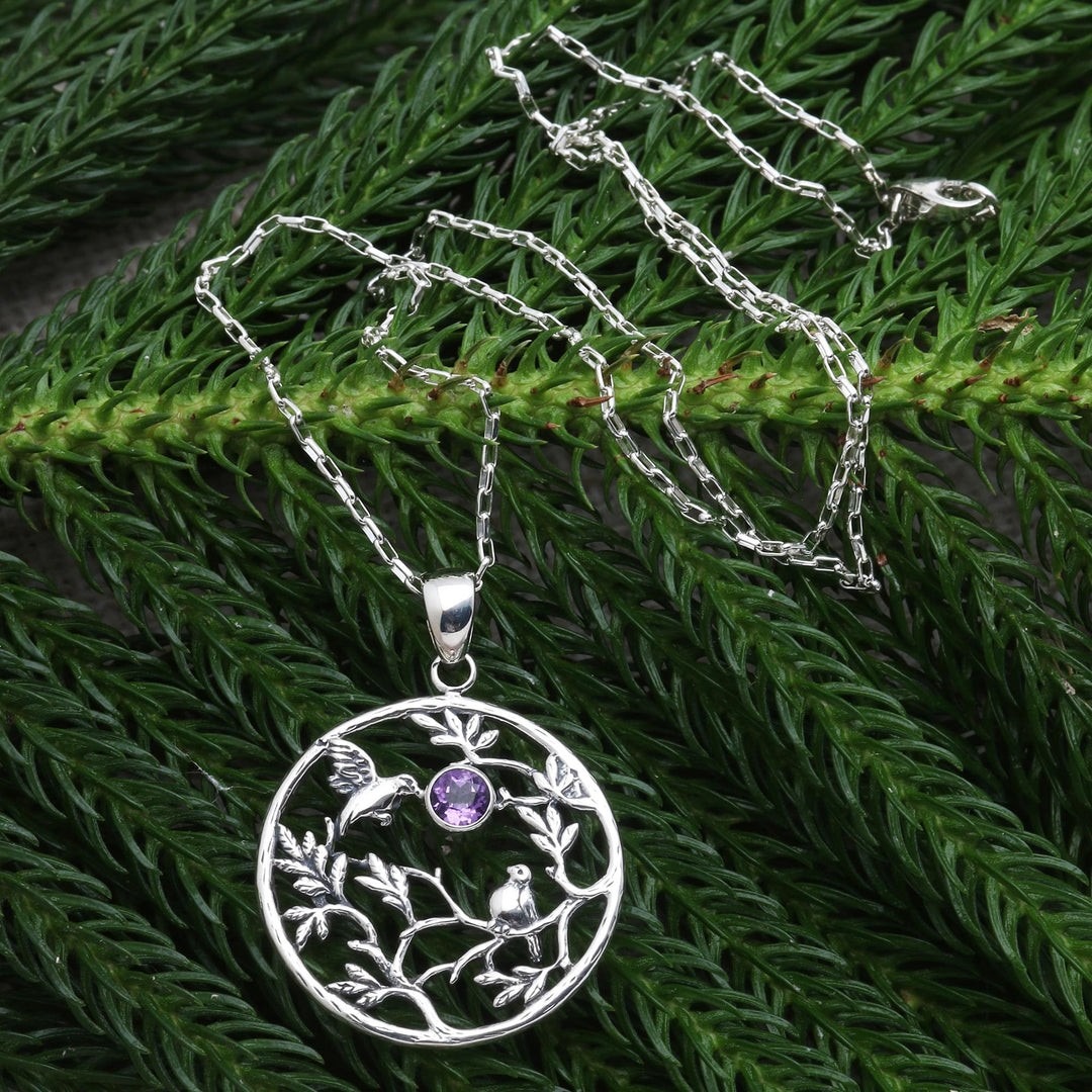 Amethyst and Sterling Silver Hummingbird Pendant Necklace - Hummingbird Tree