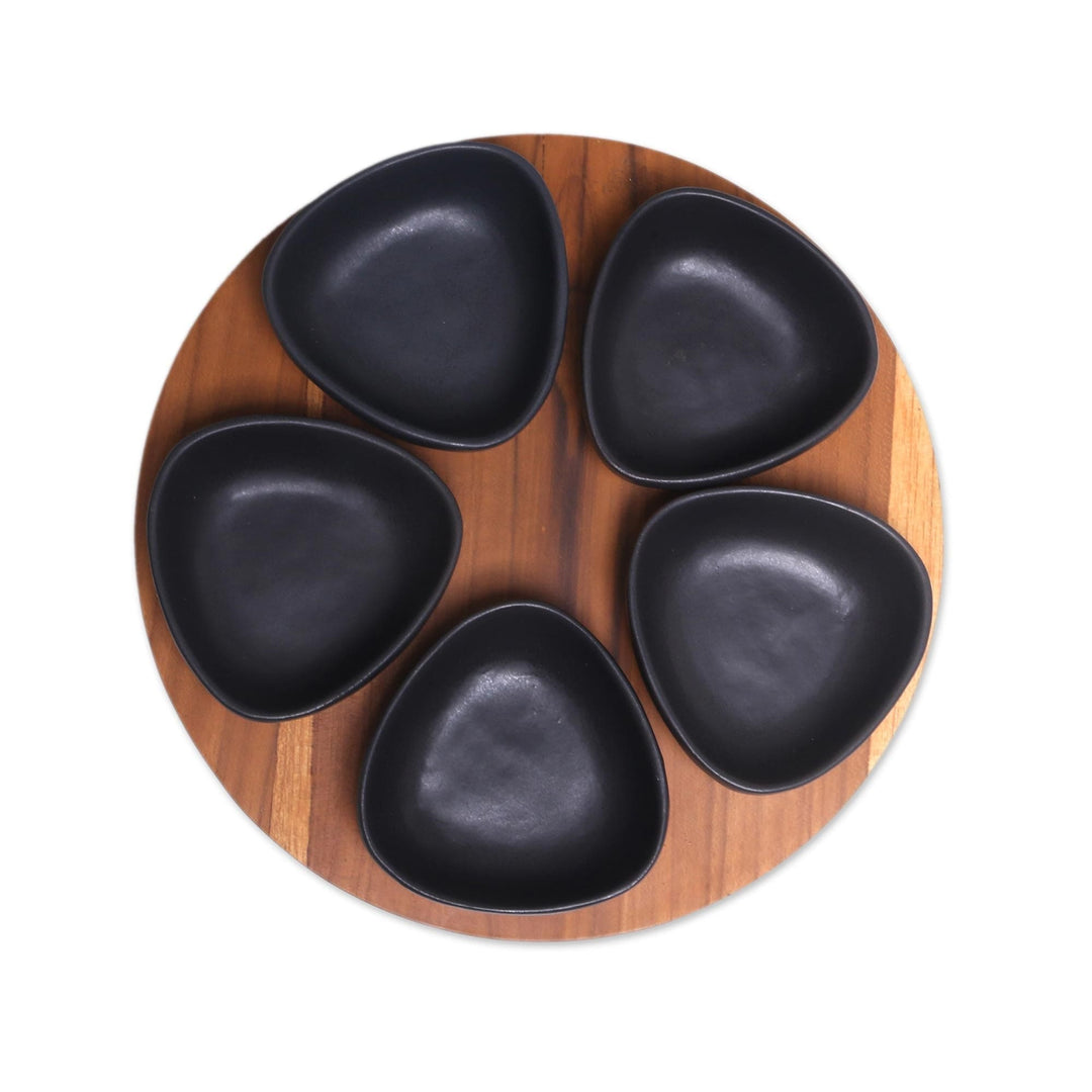 Appetizer Set with Five Serving Bowls and a Tray - Charcoal Petals