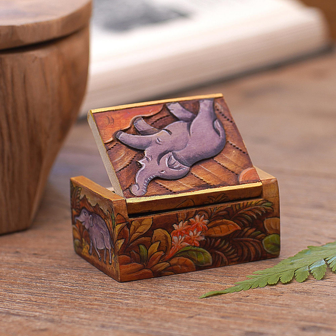 Elephant-Themed Wood Mini Jewelry Box - Sumatran Elephant