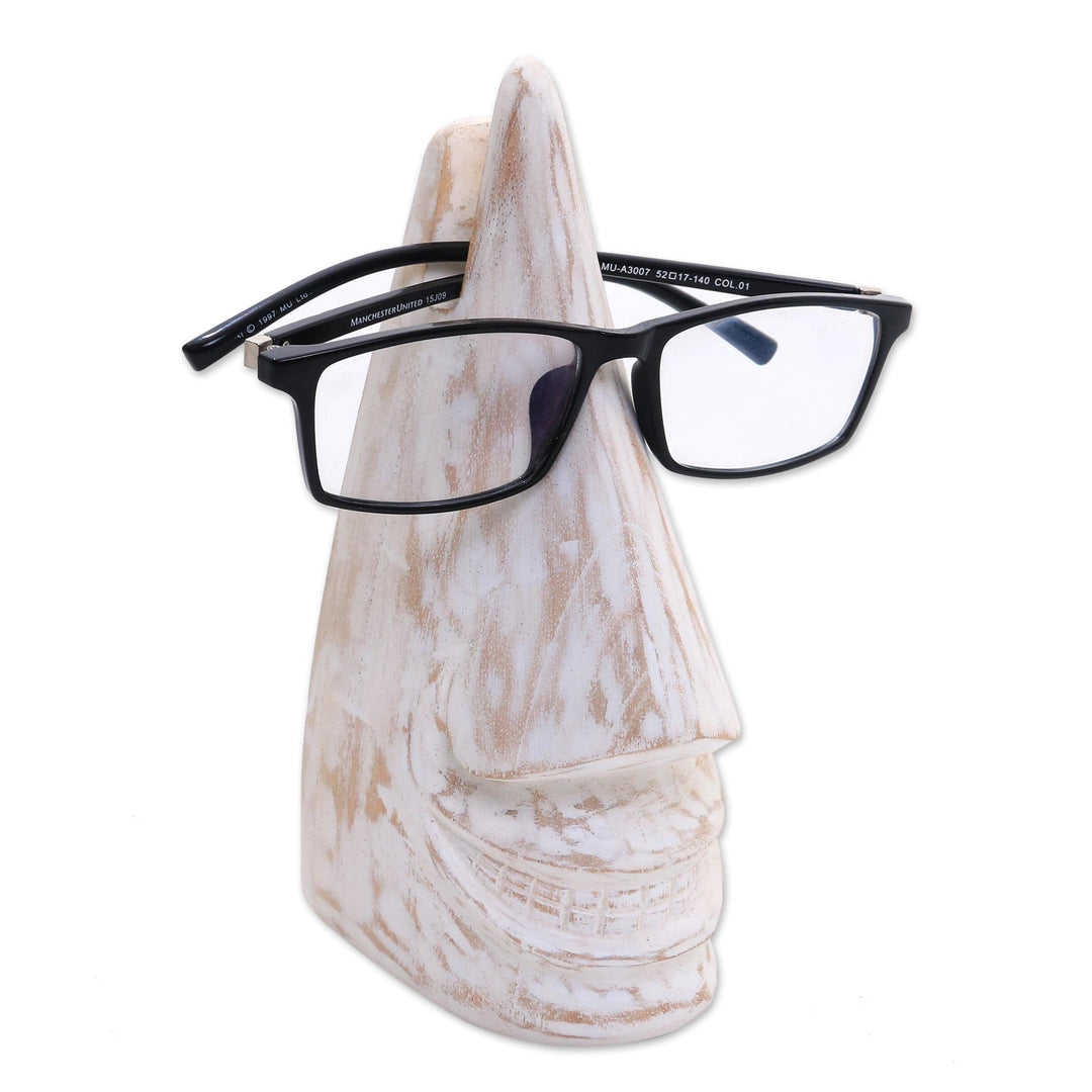 Whimsical White Hand Carved Wood Face Eyeglasses Holder - Nosing Around in White