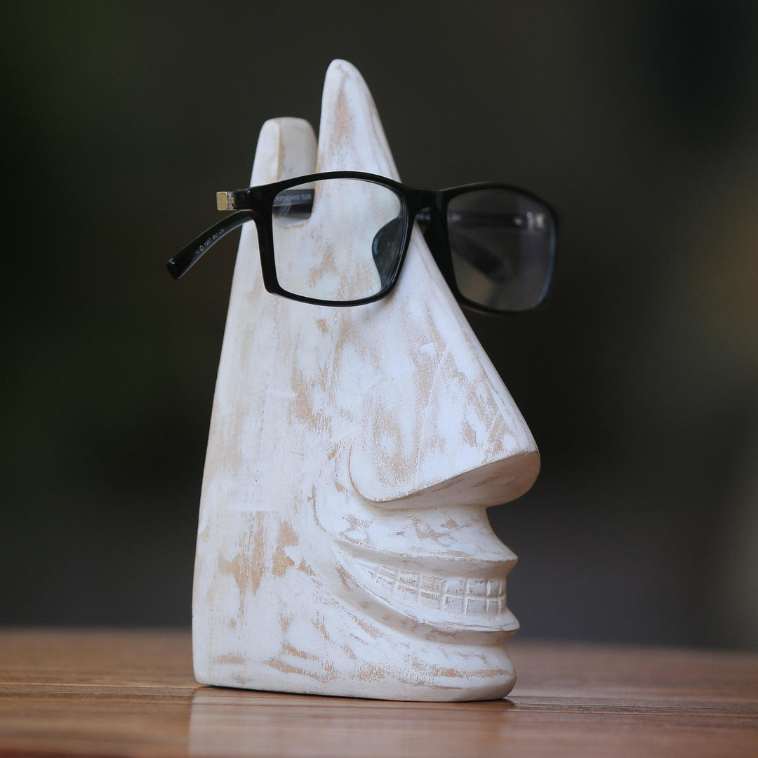 Whimsical White Hand Carved Wood Face Eyeglasses Holder - Nosing Around in White