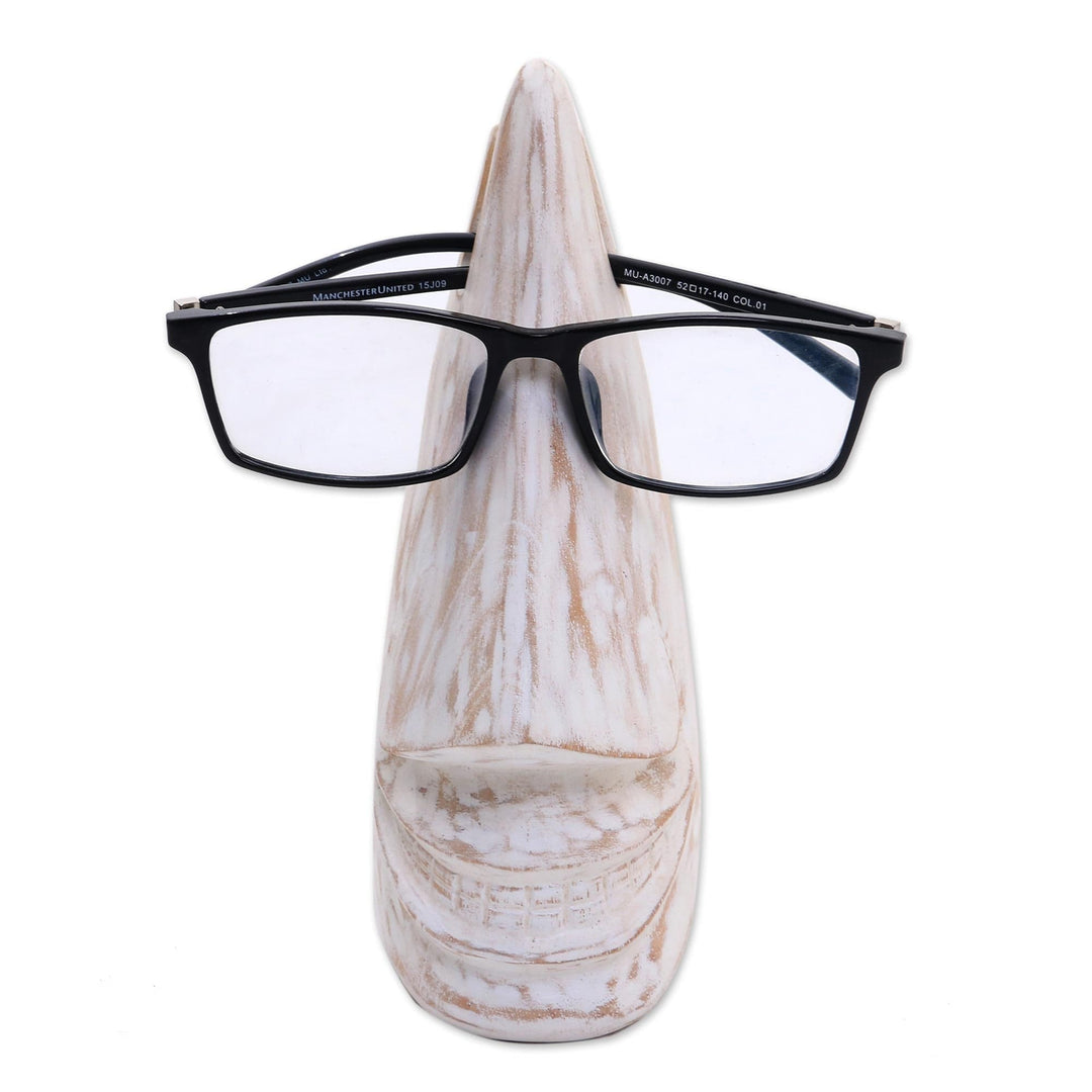 Whimsical White Hand Carved Wood Face Eyeglasses Holder - Nosing Around in White