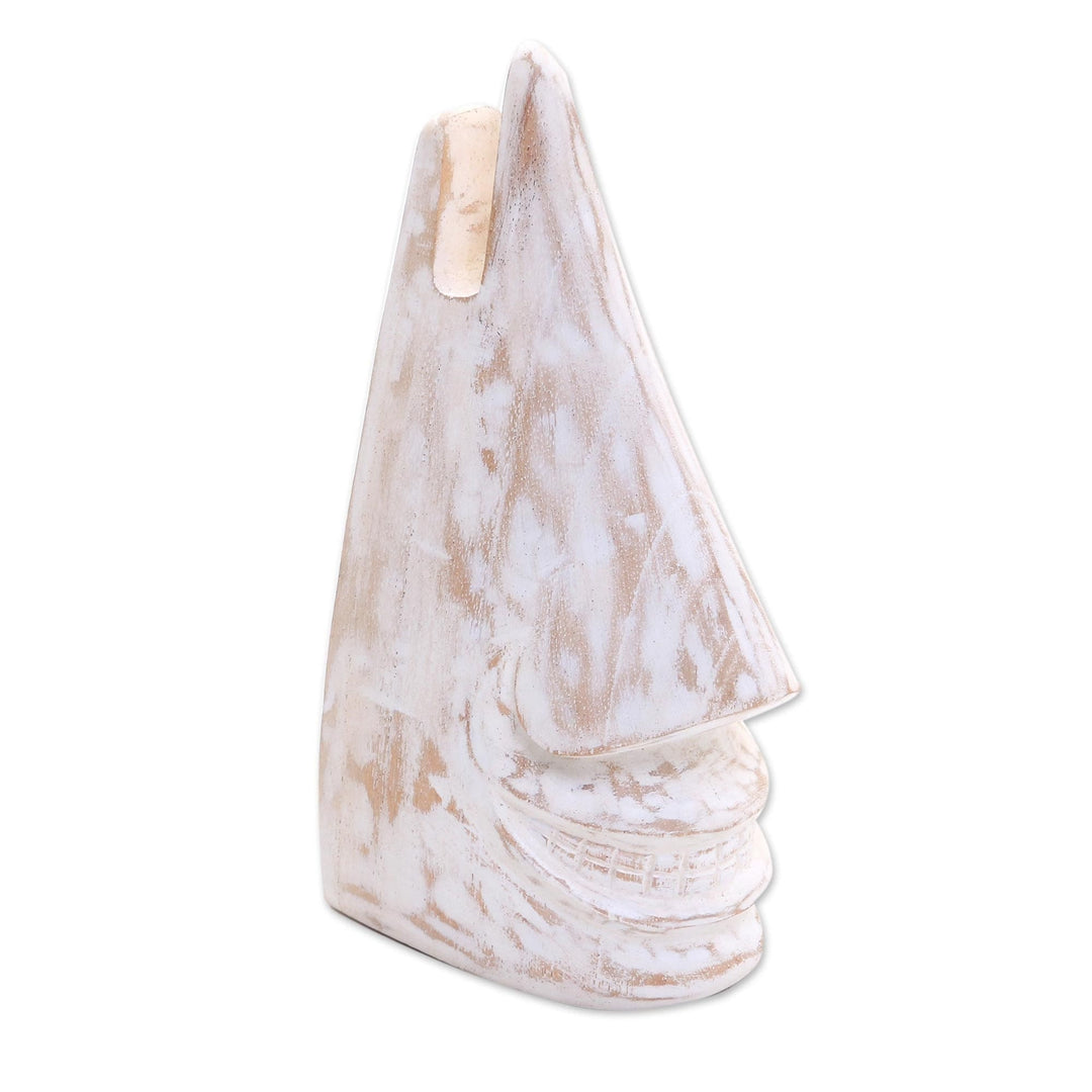 Whimsical White Hand Carved Wood Face Eyeglasses Holder - Nosing Around in White