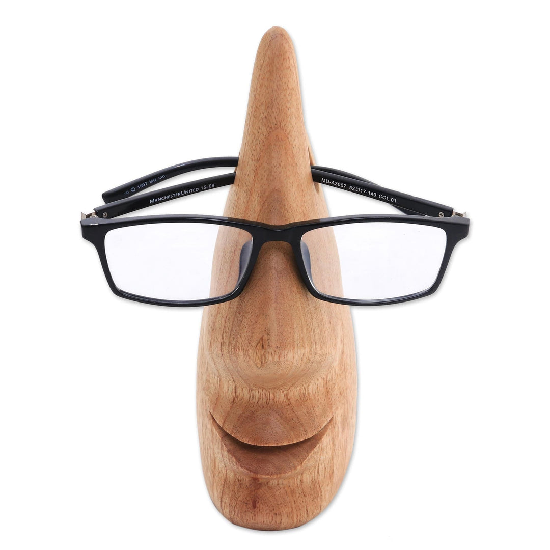 Whimsical Brown Hand Carved Wood Face Eyeglasses Holder - Nosing Around