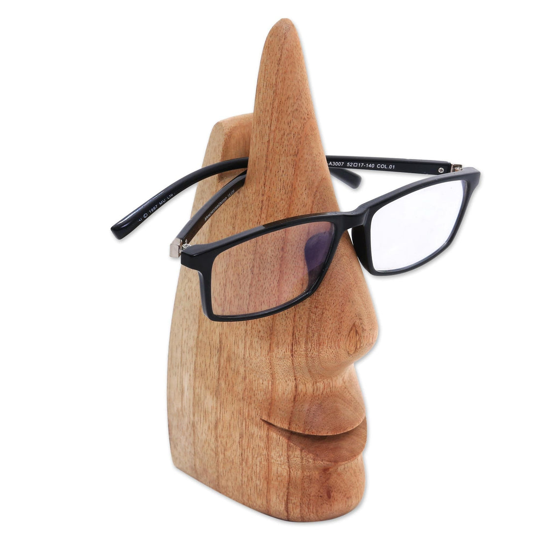 Whimsical Brown Hand Carved Wood Face Eyeglasses Holder - Nosing Around
