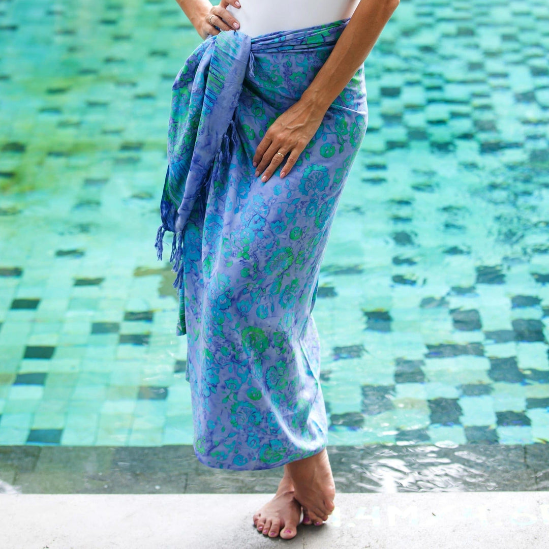 Floral Batik Rayon Sarong in Pale Blue - Pale Blue Petals