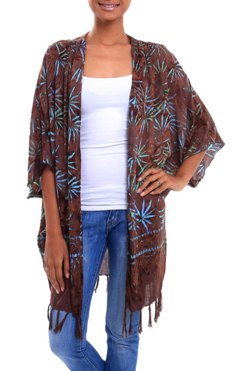 Leaf Motif Batik Rayon Kimono Jacket in Brown - Denpasar Lady in Brown