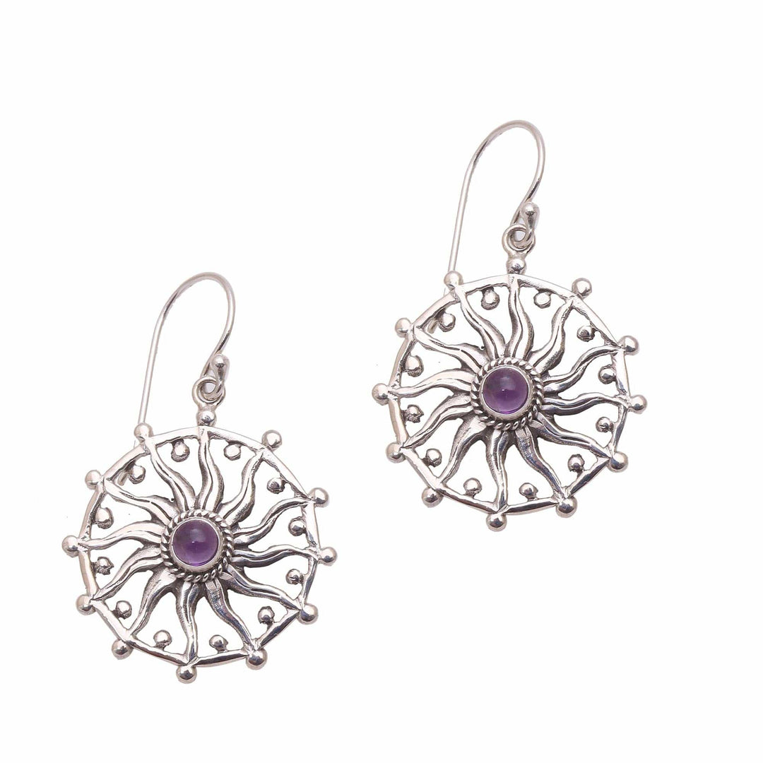 Sun Motif Amethyst Dangle Earrings - Regal Rays