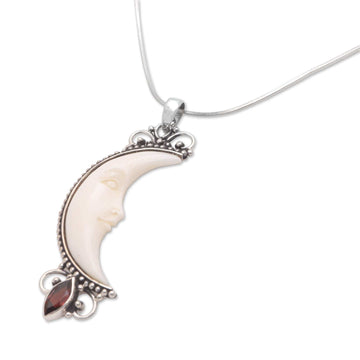 Garnet and Bone Crescent Moon Pendant Necklace - Natural Moonlight