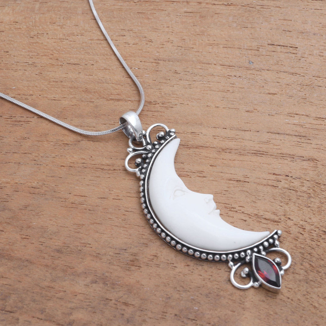 Garnet and Bone Crescent Moon Pendant Necklace - Natural Moonlight