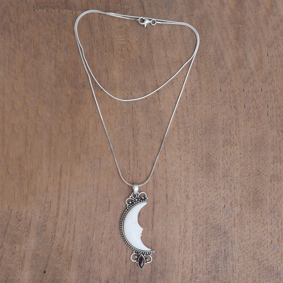 Garnet and Bone Crescent Moon Pendant Necklace - Natural Moonlight