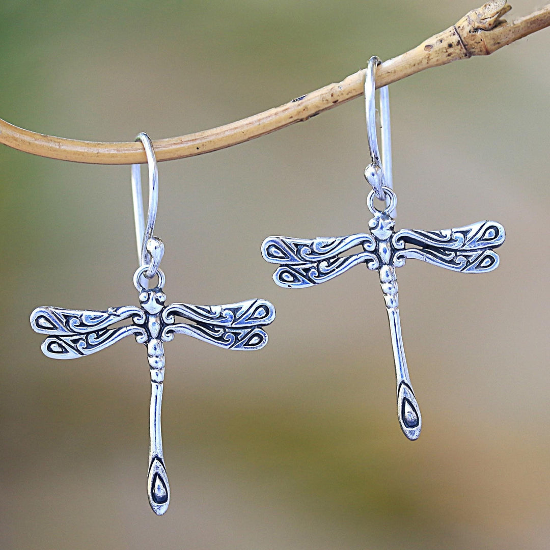 Handcrafted Sterling Silver Dragonfly Wings Dangle Earrings - Elegance of the Dragonflies