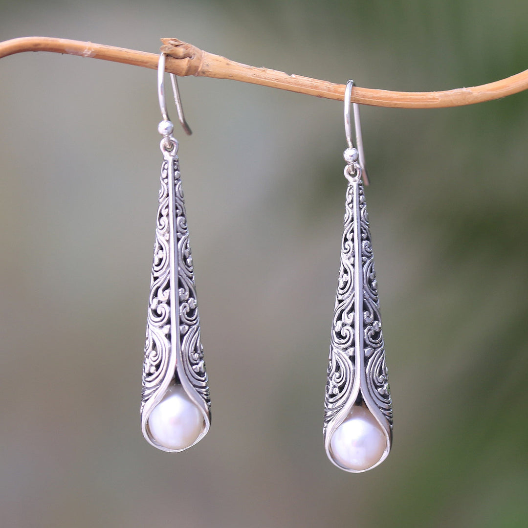 White Cultured Pearl Cone Dangle Earrings - Trumpet in White