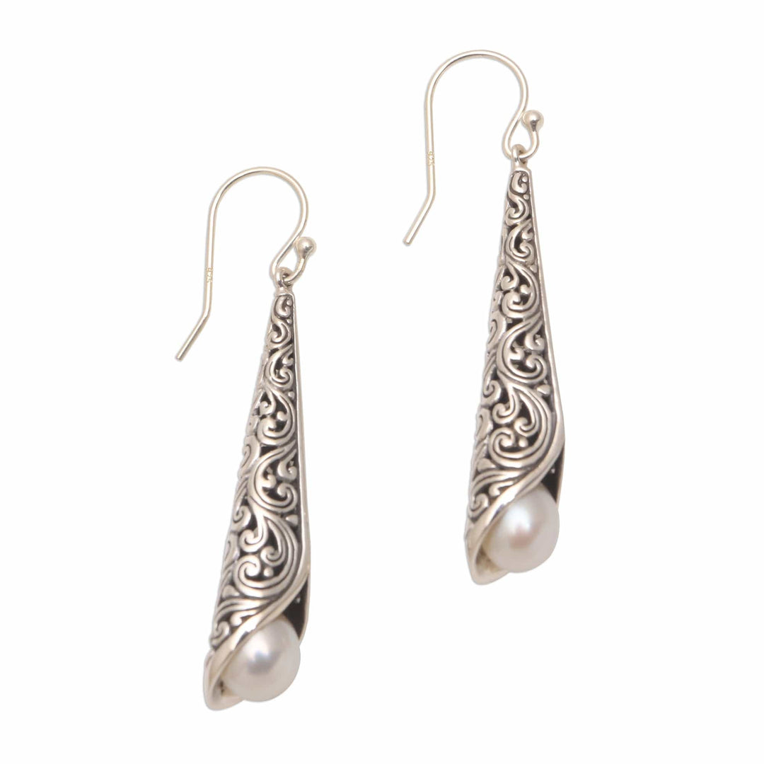 White Cultured Pearl Cone Dangle Earrings - Trumpet in White