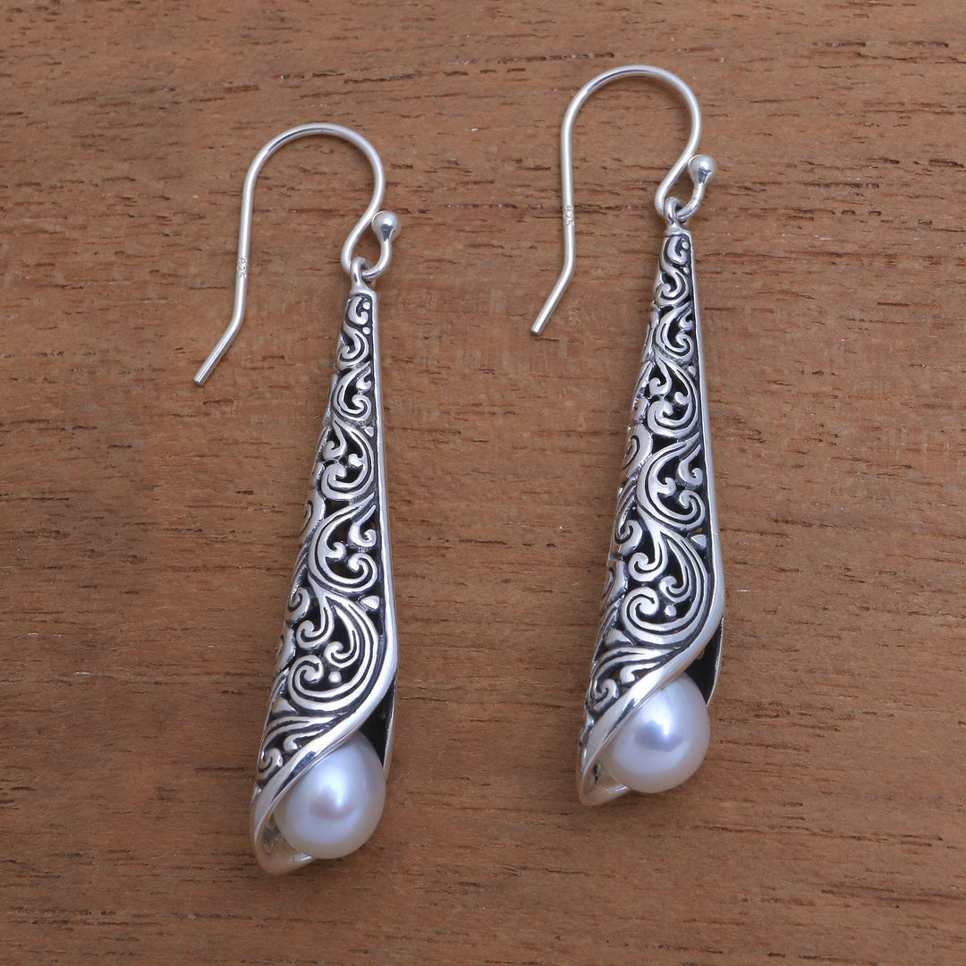 White Cultured Pearl Cone Dangle Earrings - Trumpet in White