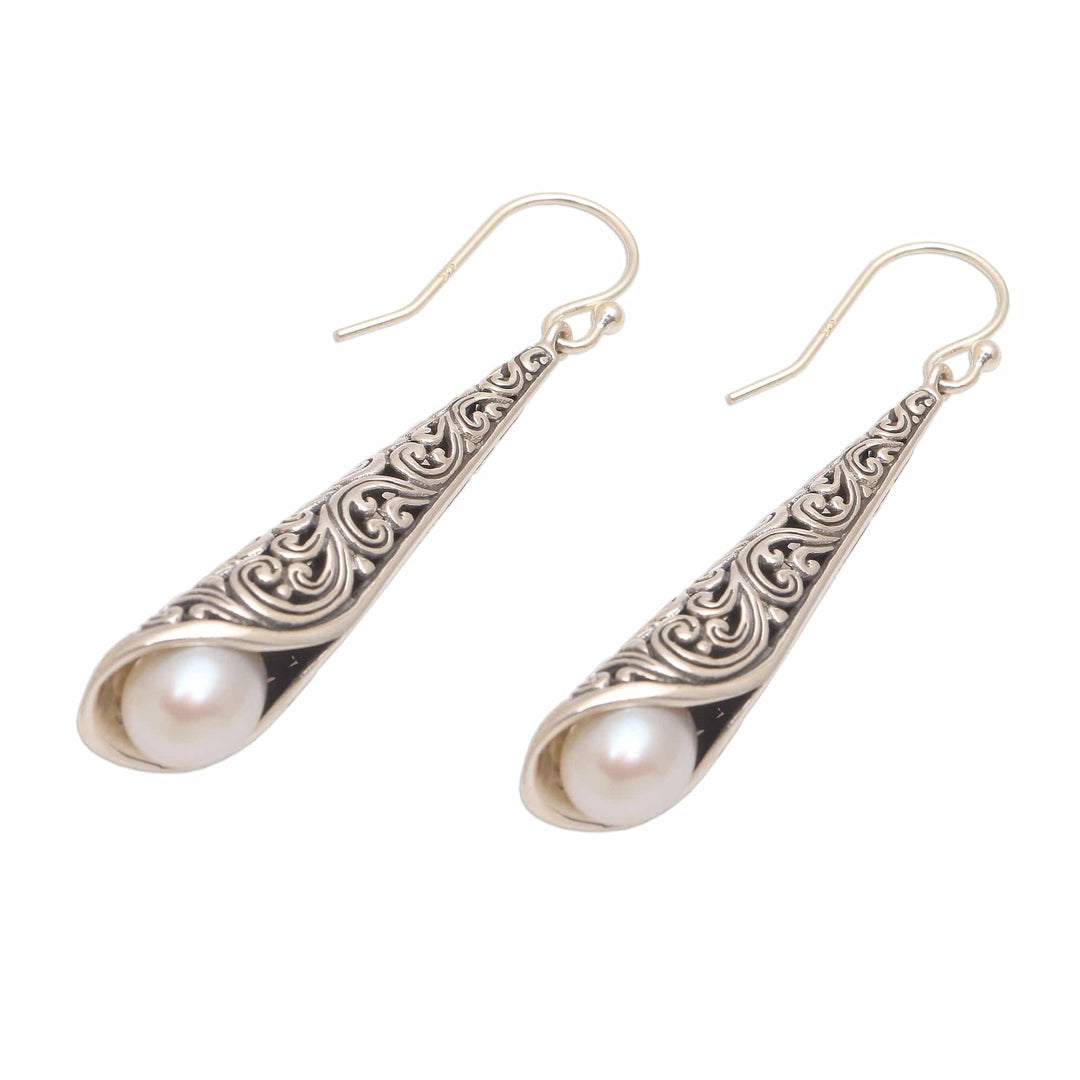 White Cultured Pearl Cone Dangle Earrings - Trumpet in White