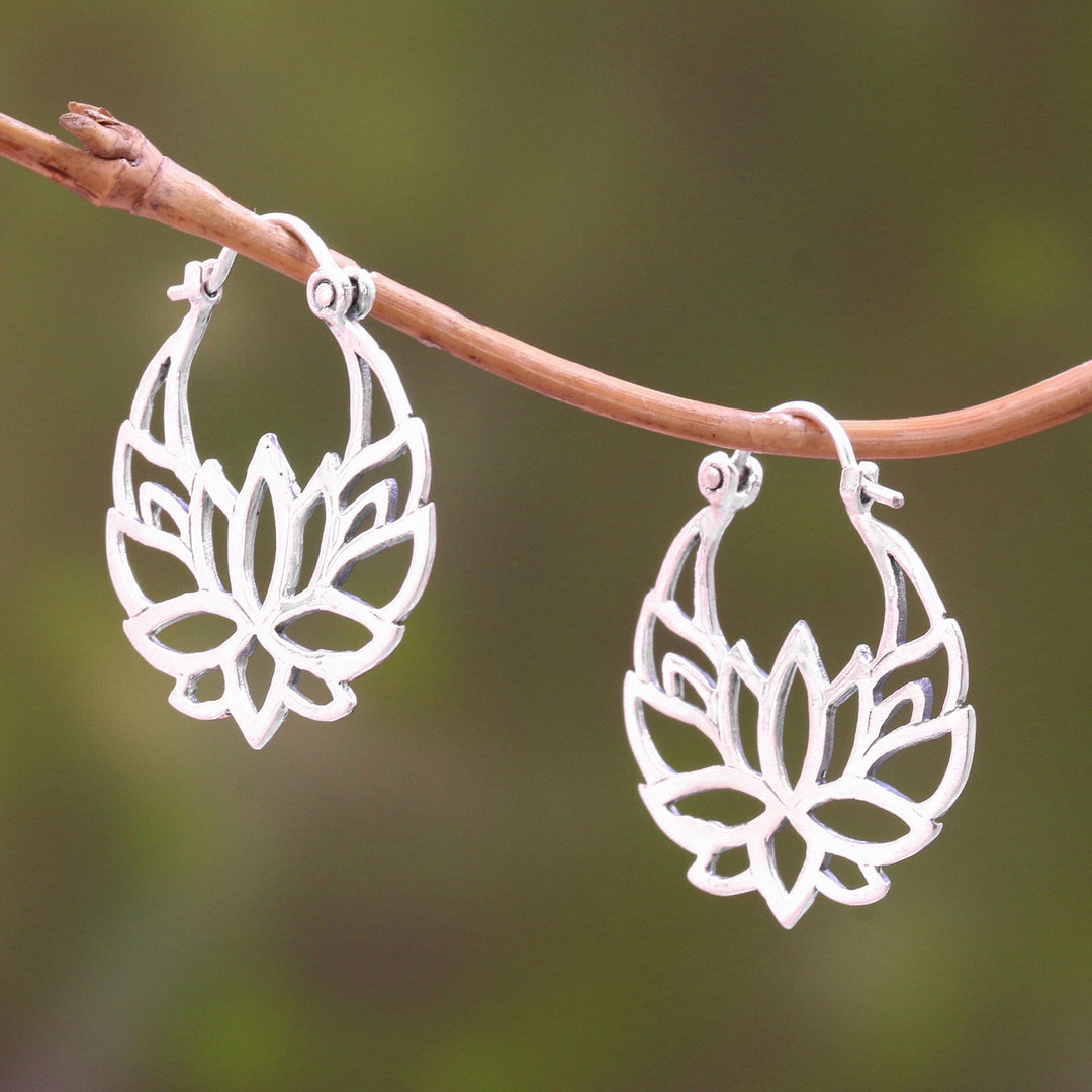 Sterling Silver Lotus Flower Hoop Earrings (1 inch) - Elegant Padma