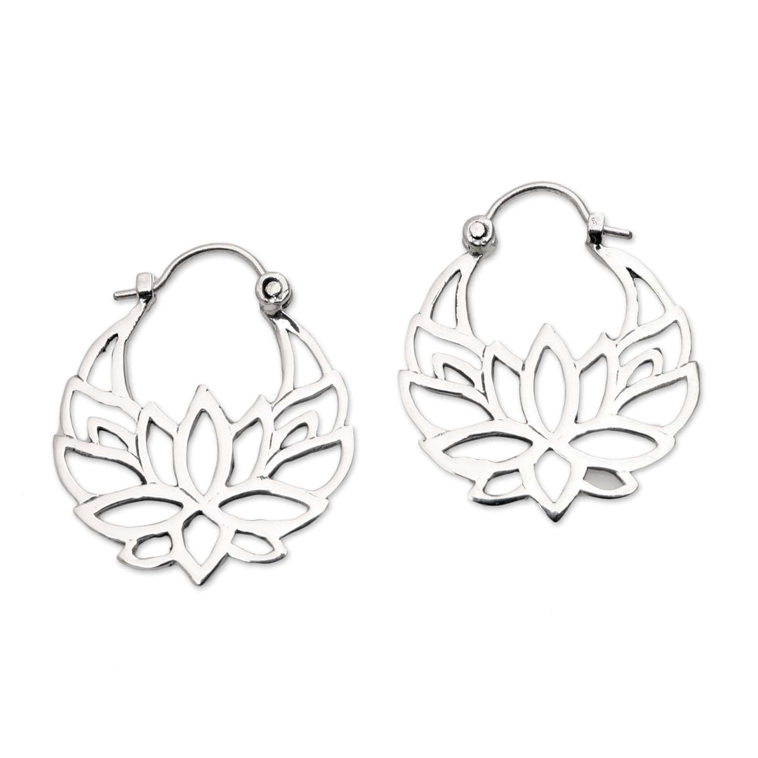 Sterling Silver Lotus Flower Hoop Earrings (1 inch) - Elegant Padma