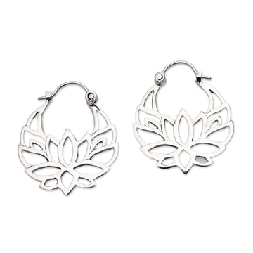 Sterling Silver Lotus Flower Hoop Earrings (1 inch) - Elegant Padma