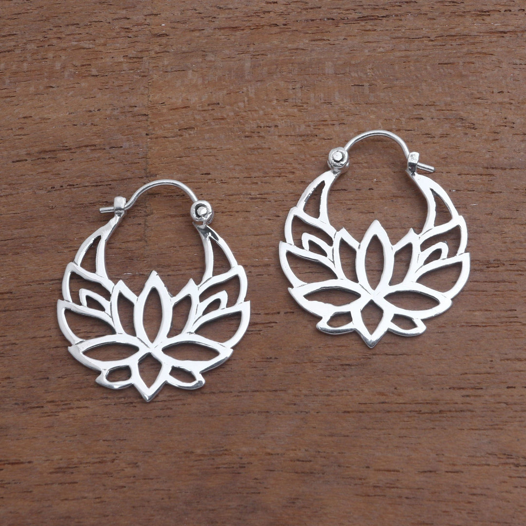 Sterling Silver Lotus Flower Hoop Earrings (1 inch) - Elegant Padma