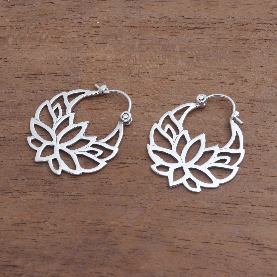 Sterling Silver Lotus Flower Hoop Earrings (1 inch) - Elegant Padma