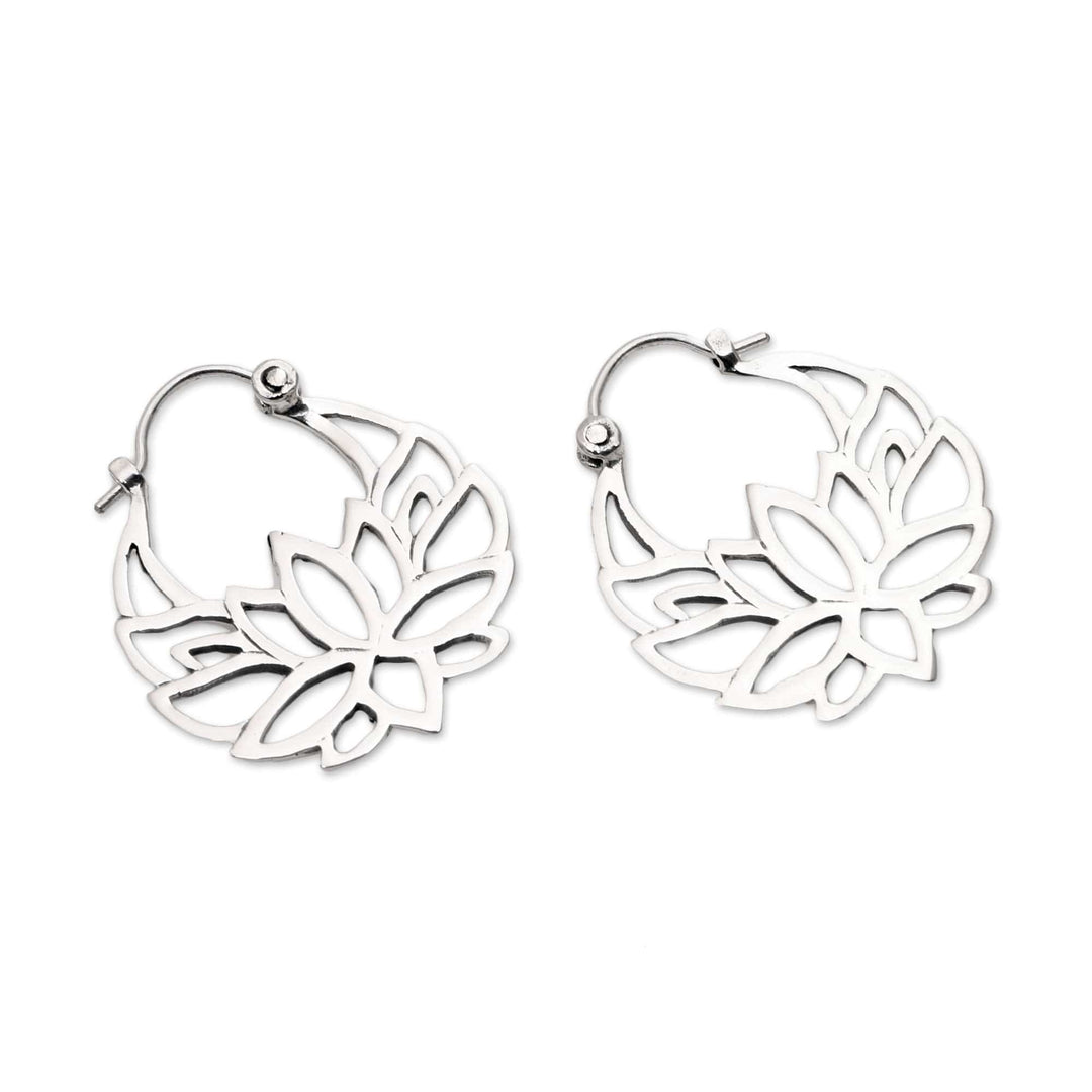 Sterling Silver Lotus Flower Hoop Earrings (1 inch) - Elegant Padma