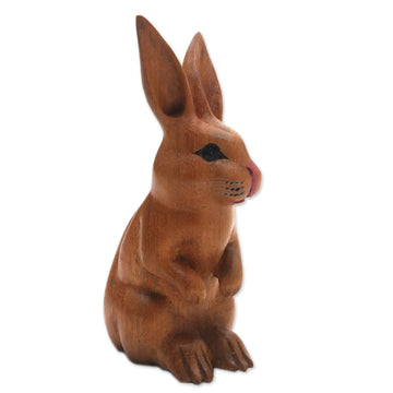 Signed Wood Bunny Sculpture in Brown - Cute Bunny in Brown