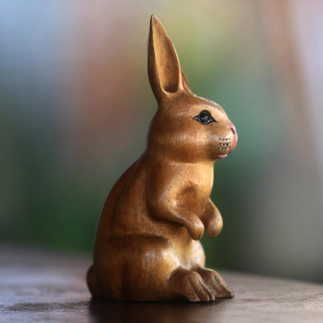 Signed Wood Bunny Sculpture in Brown - Cute Bunny in Brown