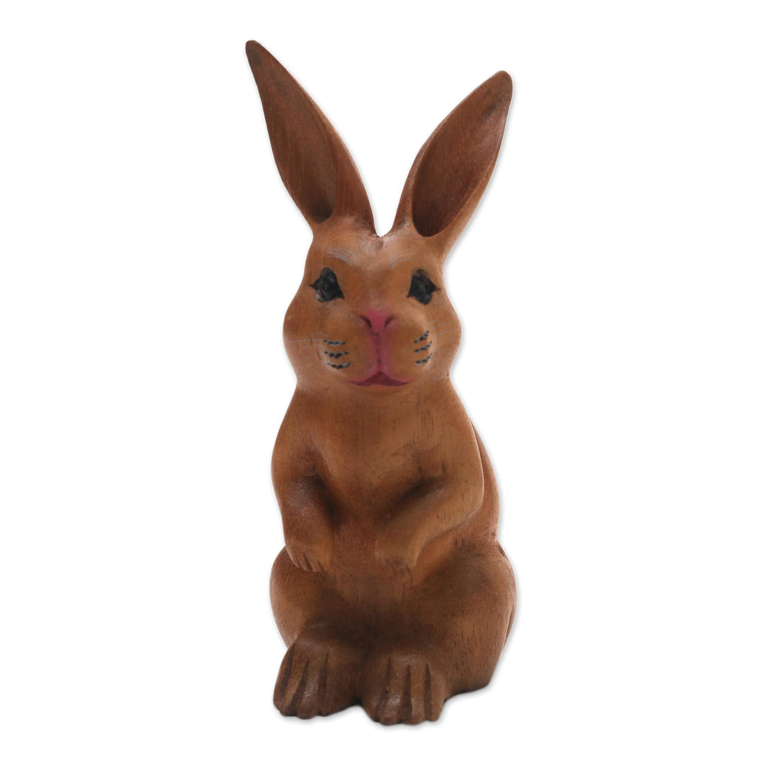 Signed Wood Bunny Sculpture in Brown - Cute Bunny in Brown