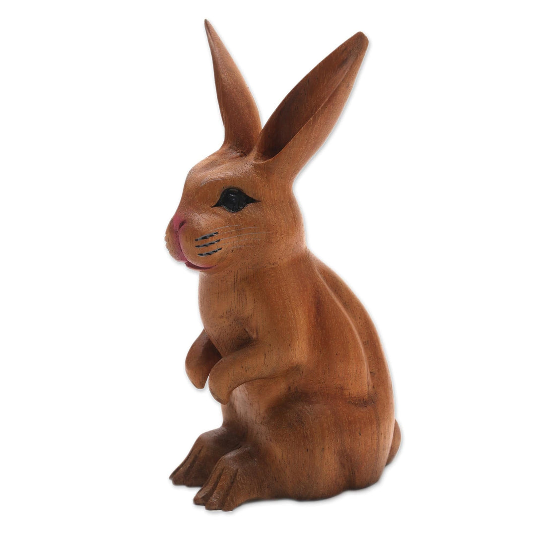 Signed Wood Bunny Sculpture in Brown - Cute Bunny in Brown