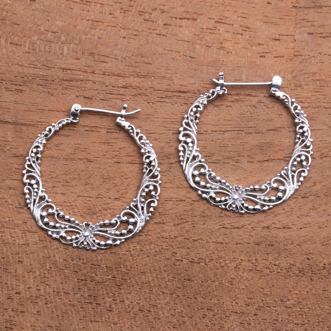Sterling Silver Hoop Earrings with Wire and Dot Motifs - River