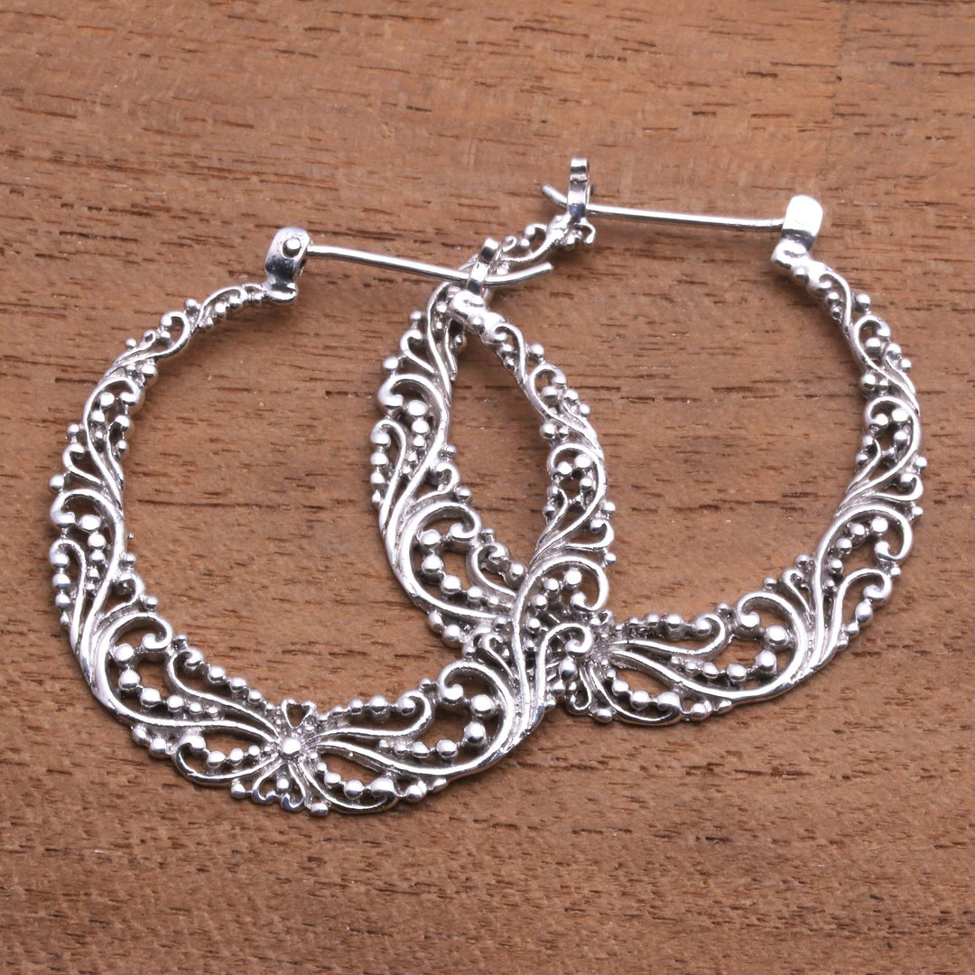 Sterling Silver Hoop Earrings with Wire and Dot Motifs - River